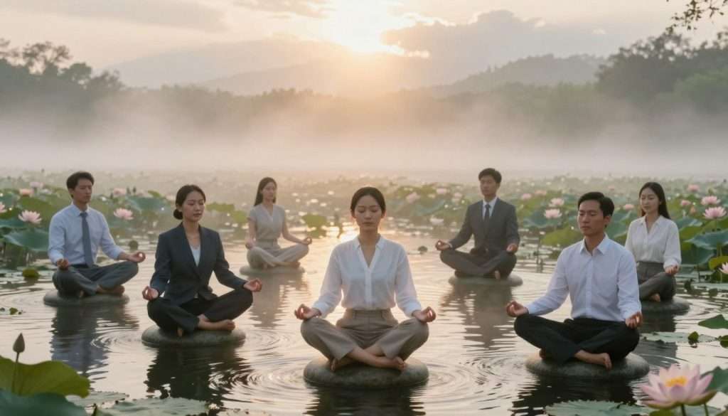 A serene, ethereal landscape depicting a tranquil lotus pond surrounded by soft, atmospheric mist. In the foreground, a diverse group of three professionals—two men and one woman—dressed in smart casual attire, practice mindfulness while meditating on smooth stones, symbolizing their journey of developing mental fortitude. In the middle ground, gentle water lilies bloom, representing growth and gradual exposure to challenges, while subtle ripples dance across the water’s surface. In the background, soft rays of sunlight break through the clouds, illuminating the scene with a warm, golden glow, evoking a sense of hope and perseverance. The overall mood is calm and uplifting, inviting viewers to reflect on their own mental resilience. Capture the image from a slightly elevated angle, focusing on the professionals’ composed expressions, embodying determination and tranquility.