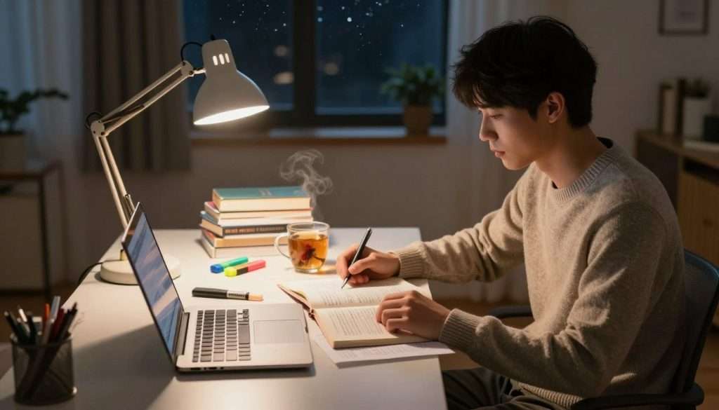 A serene, focused night study scene illuminated by a soft desk lamp casting a warm glow over an organized workspace. In the foreground, a young adult wearing comfortable yet professional attire, such as a cozy sweater and casual pants, is seated at a tidy desk filled with open textbooks, notes, and a laptop. The middle ground features a stack of books, colorful highlighters, and a mug of steaming herbal tea, conveying a sense of comfort and motivation. The background reveals a dimly lit room with a window showcasing a starry sky, hinting at a tranquil night outside. The lighting creates a calm, productive atmosphere, emphasizing concentration and solitude, shot from a slightly elevated angle to capture the entire scene effectively. A serene, focused night study scene illuminated by a soft desk lamp casting a warm glow over an organized workspace. In the foreground, a young adult wearing comfortable yet professional attire, such as a cozy sweater and casual pants, is seated at a tidy desk filled with open textbooks, notes, and a laptop. The middle ground features a stack of books, colorful highlighters, and a mug of steaming herbal tea, conveying a sense of comfort and motivation. The background reveals a dimly lit room with a window showcasing a starry sky, hinting at a tranquil night outside. The lighting creates a calm, productive atmosphere, emphasizing concentration and solitude, shot from a slightly elevated angle to capture the entire scene effectively.