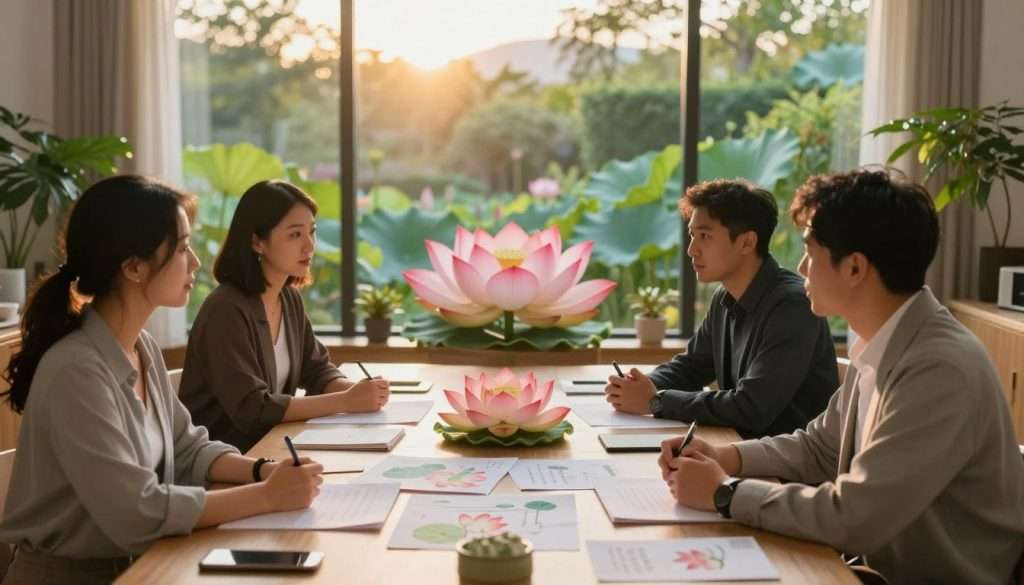 A serene indoor workspace illuminated by soft, warm lighting, showcasing a desk cluttered with lotus flower illustrations and notes about overcoming mental resistance. In the foreground, a diverse group of three professionals, dressed in smart casual attire, gathers around the desk, engaged in a focused discussion, their expressions conveying determination and collaboration. The middle layer features a large, vibrant lotus flower centerpiece symbolizing growth and transformation, surrounded by calming plants. In the background, a large window reveals a tranquil garden scene bathed in golden hour light, suggesting hope and renewal. The overall atmosphere is one of motivation, creativity, and introspection, emphasizing the journey towards overcoming obstacles in personal practice.