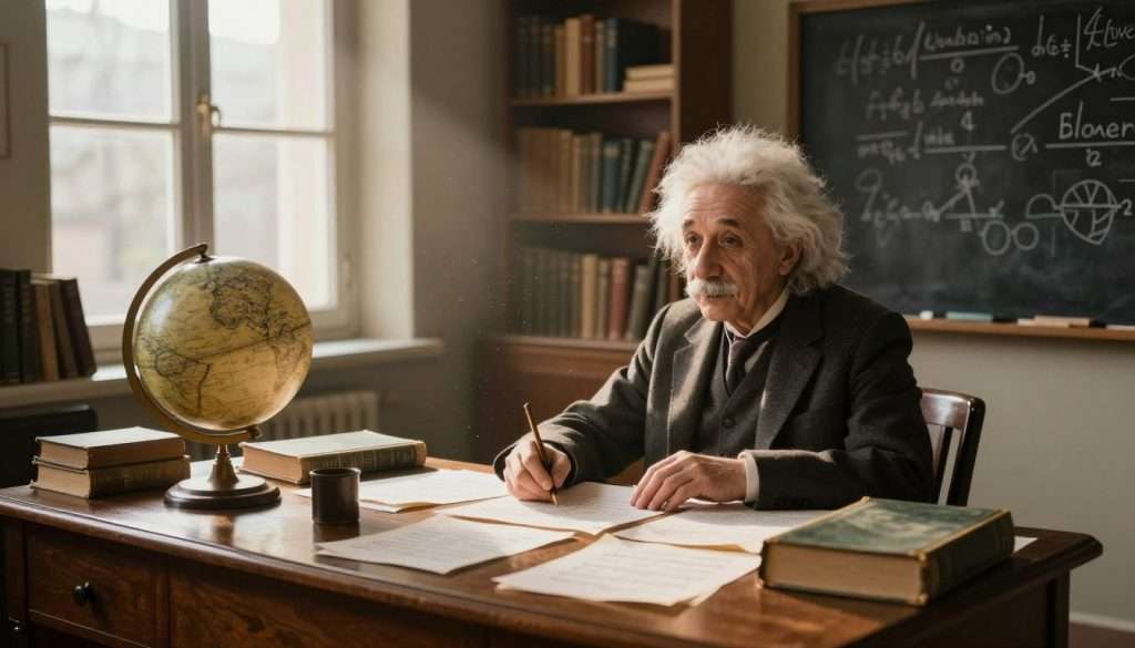 A serene, isolated study filled with vintage books and scientific diagrams, reflecting the genius of Einstein. In the foreground, a wooden desk cluttered with papers and an old-fashioned globe, hinting at deep intellectual work. The middle ground features a large window allowing soft, golden light to stream in, illuminating dust particles in the air, contributing to a contemplative atmosphere. The background reveals shelves lined with books and a chalkboard filled with intricate equations. The mood is one of focus and solitude, inviting viewers to ponder the depths of thought and creativity. Capture the scene from a slightly elevated angle, emphasizing the tranquil environment that fosters deep work and reflection. A serene, isolated study filled with vintage books and scientific diagrams, reflecting the genius of Einstein. In the foreground, a wooden desk cluttered with papers and an old-fashioned globe, hinting at deep intellectual work. The middle ground features a large window allowing soft, golden light to stream in, illuminating dust particles in the air, contributing to a contemplative atmosphere. The background reveals shelves lined with books and a chalkboard filled with intricate equations. The mood is one of focus and solitude, inviting viewers to ponder the depths of thought and creativity. Capture the scene from a slightly elevated angle, emphasizing the tranquil environment that fosters deep work and reflection.