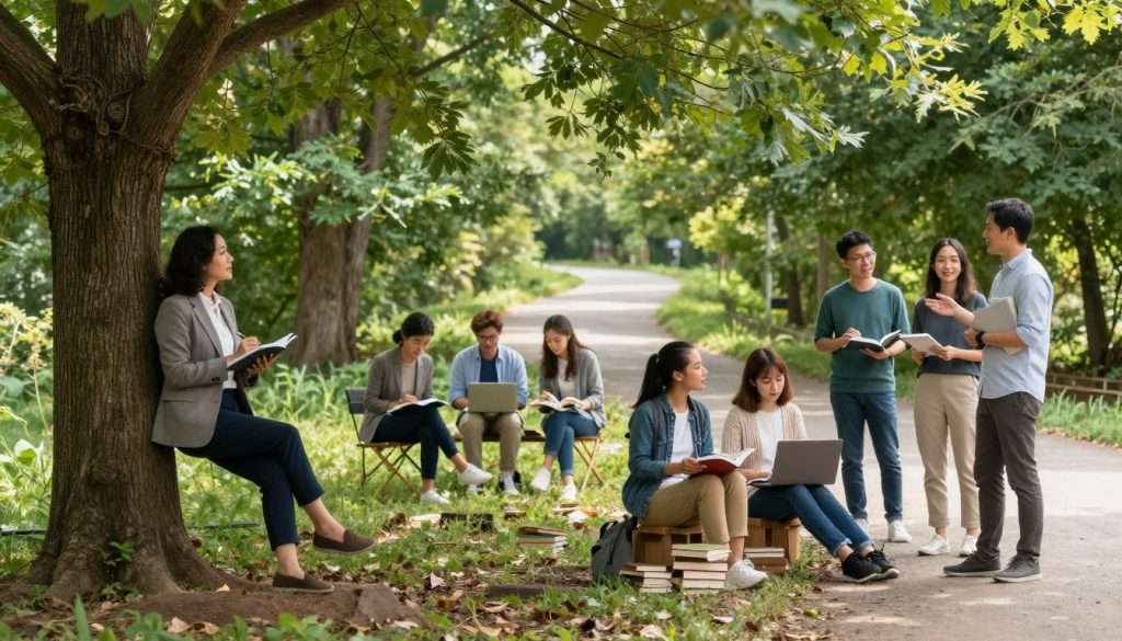 A serene landscape depicting a diverse group of adults engaged in various stages of a learning journey. In the foreground, a woman in professional attire writes in a notebook under a tree, while a man in casual clothing gestures as he explains something to a small group nearby. In the middle ground, several individuals are studying together, surrounded by books and laptops, showcasing collaboration and communication. The background features a winding path leading into a lush forest, symbolizing the journey of lifelong learning. Soft, natural lighting filters through the leaves, casting gentle shadows. The atmosphere is uplifting and encouraging, capturing the essence of exploration and growth. A wide-angle view enhances the sense of openness and possibility in this vibrant, educational landscape. A serene landscape depicting a diverse group of adults engaged in various stages of a learning journey. In the foreground, a woman in professional attire writes in a notebook under a tree, while a man in casual clothing gestures as he explains something to a small group nearby. In the middle ground, several individuals are studying together, surrounded by books and laptops, showcasing collaboration and communication. The background features a winding path leading into a lush forest, symbolizing the journey of lifelong learning. Soft, natural lighting filters through the leaves, casting gentle shadows. The atmosphere is uplifting and encouraging, capturing the essence of exploration and growth. A wide-angle view enhances the sense of openness and possibility in this vibrant, educational landscape.