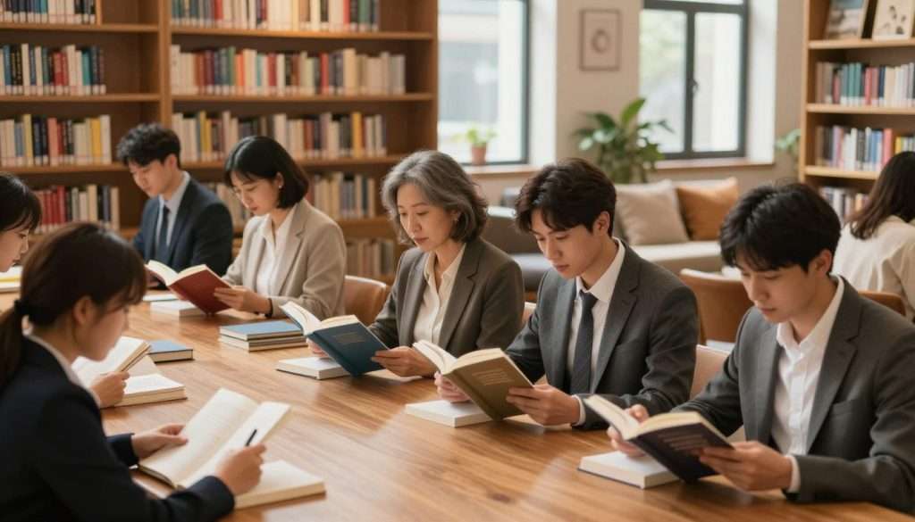 A serene library scene illustrating the concept of developing reading skills. In the foreground, a diverse group of individuals, including a middle-aged woman and a young man, are seated at a large wooden table, deeply engaged in reading various books. They are dressed in professional business attire, with a focus on their absorbed expressions. In the middle ground, shelves filled with colorful books create a warm, inviting atmosphere, with soft light filtering through large windows, casting gentle shadows. The background features a cozy reading corner with plush chairs and soft cushions, accentuating the tranquility of the space. The overall mood is inspiring and focused, encouraging the joy of reading and the development of essential skills. The lighting is soft and warm, creating a comfortable ambiance, inviting viewers to pick up a book and explore. A serene library scene illustrating the concept of developing reading skills. In the foreground, a diverse group of individuals, including a middle-aged woman and a young man, are seated at a large wooden table, deeply engaged in reading various books. They are dressed in professional business attire, with a focus on their absorbed expressions. In the middle ground, shelves filled with colorful books create a warm, inviting atmosphere, with soft light filtering through large windows, casting gentle shadows. The background features a cozy reading corner with plush chairs and soft cushions, accentuating the tranquility of the space. The overall mood is inspiring and focused, encouraging the joy of reading and the development of essential skills. The lighting is soft and warm, creating a comfortable ambiance, inviting viewers to pick up a book and explore.
