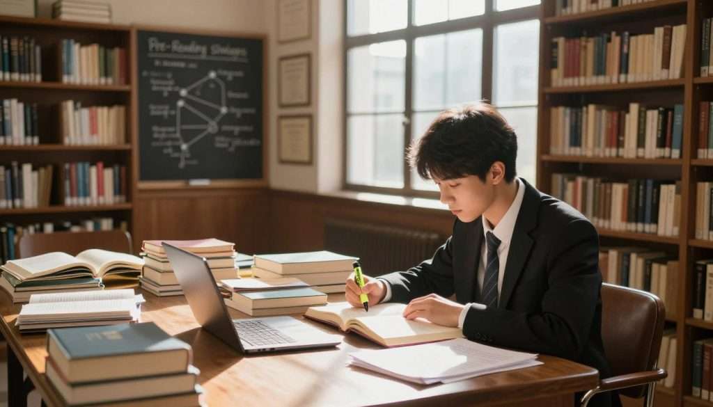 A serene library setting filled with rich wooden bookshelves stacked with books. In the foreground, a focused student, dressed in professional attire, is examining a well-organized stack of books and notes, with a highlighter in hand. The middle ground features a large table, scattered with open books, study guides, and a laptop, all bathed in soft, warm lighting. Sunlight filters in through large windows, casting gentle shadows and creating a calming atmosphere. In the background, a chalkboard displays a diagram outlining pre-reading strategies like skimming and note-taking, while framed diplomas adorn the walls. The overall mood is one of concentration and intellectual curiosity, ideal for fostering maximum comprehension.