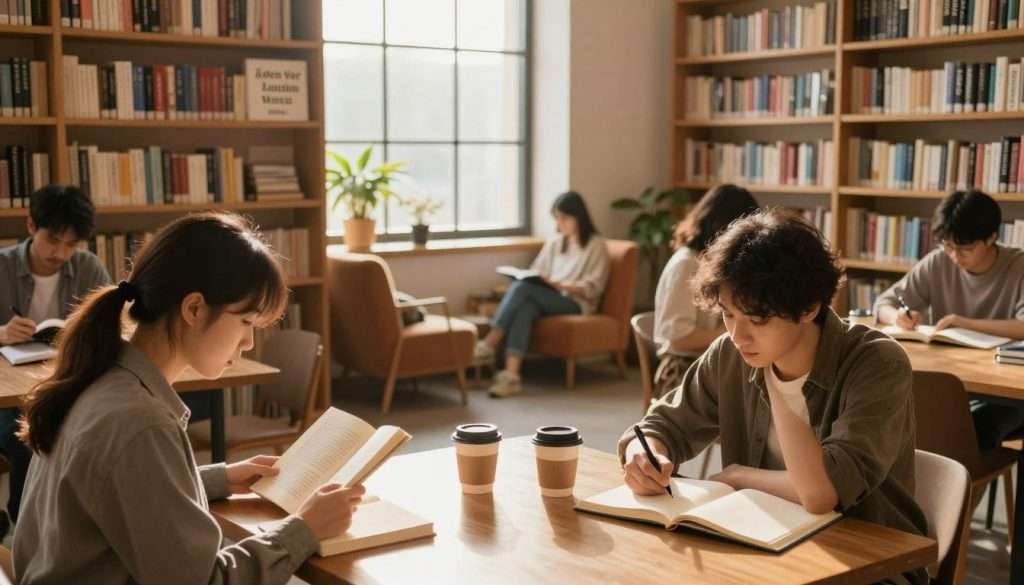 A serene library setting filled with warm, golden light streaming through large windows. In the foreground, a diverse group of individuals are engaged in various forms of learning: one is reading a book intently, while another is taking notes at a table, surrounded by open notebooks and coffee cups. In the middle ground, shelves lined with books and inspirational quotes adorn the walls, creating a cozy atmosphere of knowledge and growth. The background features a comfortable reading nook with plush armchairs and plants, inviting introspection and continuous learning. The overall mood is focused yet inviting, capturing the essence of becoming a better thinker through continuous learning habits.