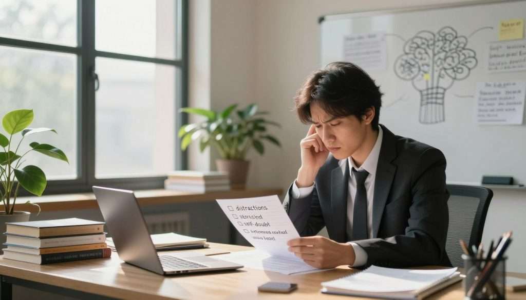 A serene office environment bathed in warm, natural light filtering through a large window, creating a sense of calm and focus. In the foreground, a person dressed in professional business attire sits at a cluttered desk, their expression one of contemplation and mild frustration as they look at a checklist of common thinking obstacles like "distractions," "self-doubt," and "information overload." The middle ground features stacks of books about cognitive skills and a potted plant, symbolizing growth and clarity. In the background, a whiteboard filled with scrawled notes and mind maps illustrates the struggle for deep thinking. The overall mood conveys an inspiring yet challenging atmosphere, inviting viewers to empathize with the journey of overcoming mental barriers.