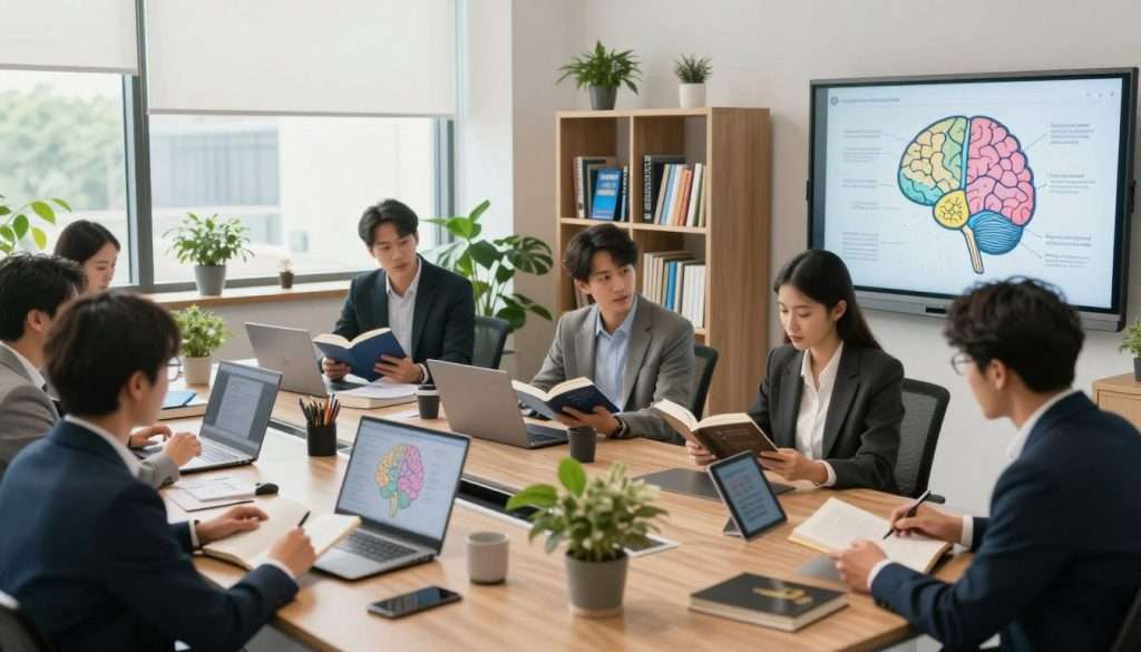A serene office environment filled with modern technology and tools for intelligence enhancement. In the foreground, a diverse group of individuals, dressed in professional business attire, engage in collaborative discussions while examining open books, tablets, and interactive whiteboards displaying brain maps and neural pathways. In the middle ground, shelves lined with cognitive enhancement resources, like brain training games and books on psychology and strategy, add depth. The background shows large windows letting in natural light, creating an inspiring atmosphere while decorative plants add a touch of calm. The overall mood is dynamic yet focused, emphasizing teamwork and the pursuit of knowledge in a well-organized space, framed from a wide angle to capture the entire setting.