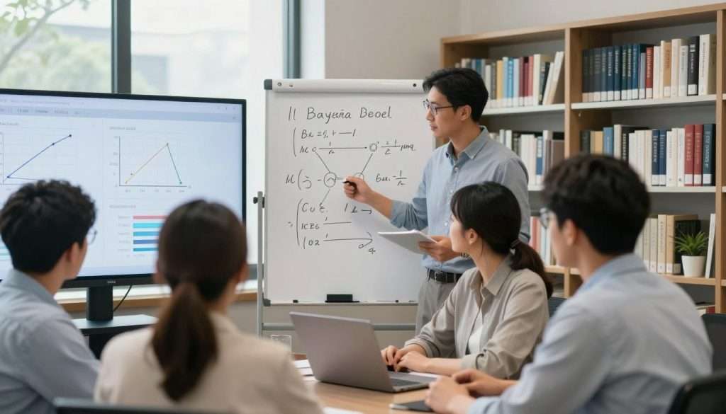 A serene office environment illustrating the concept of Bayesian reasoning. In the foreground, a diverse group of professionals—two men and a woman—analyzing data on a large screen with various graphs and probabilities displayed. The middle ground features a whiteboard filled with equations and a visual representation of Bayes's theorem. In the background, a library with books on statistics and logic, bathed in soft, natural lighting from large windows that create an inviting atmosphere. The focus is on collaboration and rational thinking, capturing a mood of inquiry and understanding. The image should be bright and engaging, with a professional lens effect, emphasizing clarity and focus on the subjects involved.