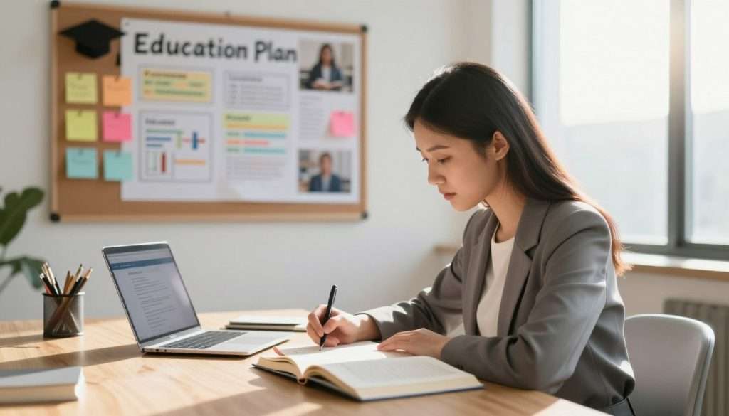 A serene office environment showcasing a continuous education plan. In the foreground, a focused young professional woman, dressed in smart casual attire, is attentively taking notes at a sleek wooden desk filled with open textbooks and a laptop displaying an online course. In the middle ground, a vision board hangs on the wall, featuring colorful post-it notes, charts, and images symbolizing lifelong learning, such as graduation caps and books. The background features a bright window with sunlight streaming in, casting a warm glow over the space, enhancing the feeling of inspiration. The atmosphere is one of motivation and professionalism, emphasizing the importance of continuous education. Use a slight vignette effect to draw attention to the subject while keeping the overall scene bright and inviting. A serene office environment showcasing a continuous education plan. In the foreground, a focused young professional woman, dressed in smart casual attire, is attentively taking notes at a sleek wooden desk filled with open textbooks and a laptop displaying an online course. In the middle ground, a vision board hangs on the wall, featuring colorful post-it notes, charts, and images symbolizing lifelong learning, such as graduation caps and books. The background features a bright window with sunlight streaming in, casting a warm glow over the space, enhancing the feeling of inspiration. The atmosphere is one of motivation and professionalism, emphasizing the importance of continuous education. Use a slight vignette effect to draw attention to the subject while keeping the overall scene bright and inviting.