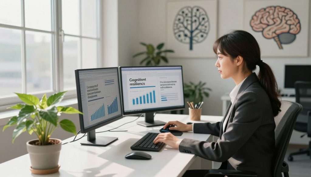 A serene office environment symbolizing cognitive resilience, featuring a professional woman in business attire sitting at a desk, calmly navigating multiple digital devices showcasing productivity graphs and inspirational quotes. In the foreground, a potted plant flourishes, symbolizing growth amid challenges. The middle layer includes soft, natural light streaming through a large window that illuminates the space, casting gentle shadows and creating an inviting atmosphere. In the background, abstract artwork representing brain pathways is displayed, enhancing the theme of mental agility and adaptability. The overall mood is one of tranquility and focus, suggesting mastery over a fast-paced world. The composition uses a slightly elevated angle to emphasize the interconnectedness of the elements, promoting a sense of strength and resilience.