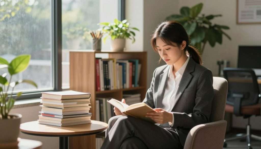 A serene office environment with a large, sunlit window. In the foreground, a young professional dressed in smart business attire sits comfortably on a plush chair, deeply focused on a stack of open books and notes on a small table beside them. Light spills in, casting gentle shadows that create a calming atmosphere. In the middle ground, a bookshelf filled with colorful titles symbolizes knowledge and learning. The background features lush indoor plants that enhance the sense of tranquility and productivity. The scene captures the essence of passive learning, promoting reflection and absorption of information. Soft, warm lighting enhances the inviting mood, while a subtle depth of field draws attention to the focused individual and surrounding references to study and contemplation.