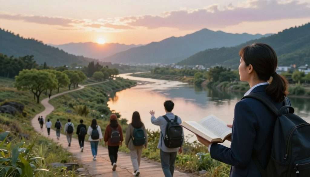 A serene scene of a diverse group of individuals embarking on a journey of continuous learning. In the foreground, a woman in professional attire holds an open book, symbolizing knowledge, while a man beside her gestures towards a winding path ahead that is lined with trees representing growth. The middle ground features a tranquil river, reflecting the myriad colors of the dawn sky, symbolizing new beginnings and opportunities. In the background, majestic mountains rise under gentle sunlight, adding depth and a sense of achievement. The atmosphere is uplifting and inspiring, captured from a slightly elevated angle to provide a panoramic view of the landscape. Soft, warm lighting enhances the sense of hope and determination in this transformative voyage. A serene scene of a diverse group of individuals embarking on a journey of continuous learning. In the foreground, a woman in professional attire holds an open book, symbolizing knowledge, while a man beside her gestures towards a winding path ahead that is lined with trees representing growth. The middle ground features a tranquil river, reflecting the myriad colors of the dawn sky, symbolizing new beginnings and opportunities. In the background, majestic mountains rise under gentle sunlight, adding depth and a sense of achievement. The atmosphere is uplifting and inspiring, captured from a slightly elevated angle to provide a panoramic view of the landscape. Soft, warm lighting enhances the sense of hope and determination in this transformative voyage.