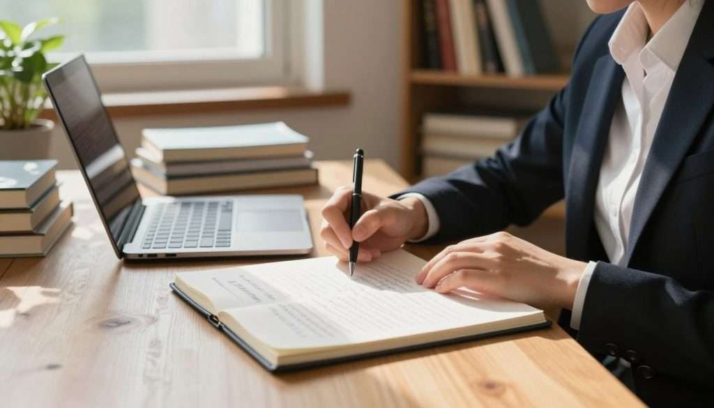 A serene study environment depicting a person, dressed in professional business attire, deeply engaged in refining an essay draft at a wooden desk. The foreground features an open notebook filled with handwritten notes and a laptop, surrounded by neatly stacked books on writing and critical thinking. In the middle, soft natural light filters through a nearby window, casting gentle shadows and creating a warm, inviting atmosphere. A potted plant adds a touch of nature to the setting. The background includes shelves filled with books and academic resources, emphasizing a scholarly ambiance. The overall mood is focused and contemplative, conveying the essence of effective learning through essay refinement. A serene study environment depicting a person, dressed in professional business attire, deeply engaged in refining an essay draft at a wooden desk. The foreground features an open notebook filled with handwritten notes and a laptop, surrounded by neatly stacked books on writing and critical thinking. In the middle, soft natural light filters through a nearby window, casting gentle shadows and creating a warm, inviting atmosphere. A potted plant adds a touch of nature to the setting. The background includes shelves filled with books and academic resources, emphasizing a scholarly ambiance. The overall mood is focused and contemplative, conveying the essence of effective learning through essay refinement.