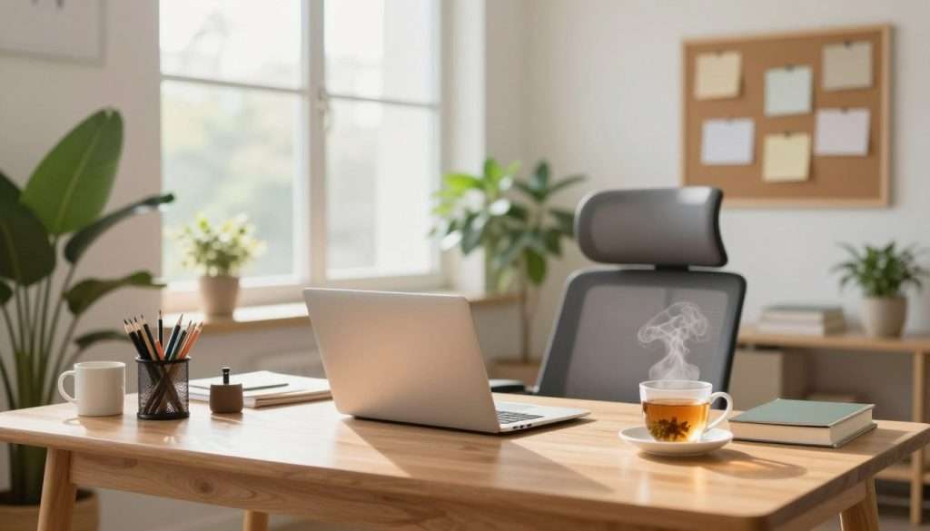 A serene study environment designed to eliminate distractions: A clear wooden desk is positioned centrally in the foreground, adorned with neatly organized stationery, a laptop with a soft glow, and a steaming cup of herbal tea. In the middle ground, a comfortable ergonomic chair faces a large window, allowing gentle natural light to illuminate the space, enhancing focus and tranquility. Lush green plants decorate the corners, promoting a calming atmosphere, while a corkboard filled with inspirational notes is mounted on the wall behind. The background features soft pastel colors and minimalistic designs, reinforcing a peaceful mood perfect for concentration. The image captures an inviting and productive ambiance, ideal for studying and learning.
