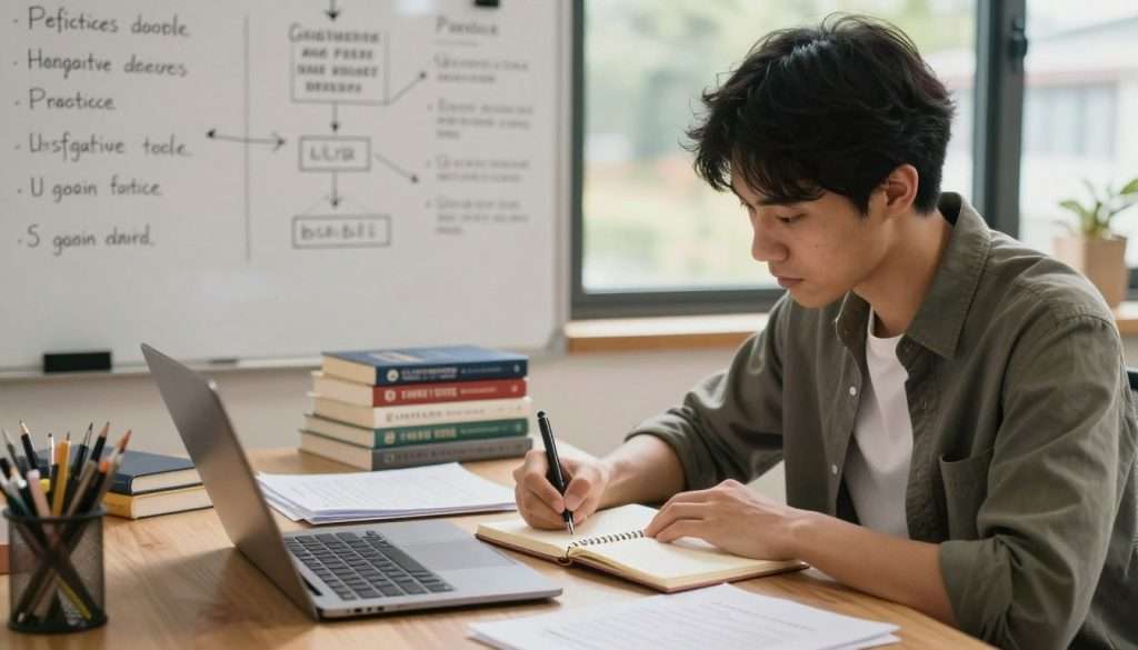 A serene study environment emphasizing improving performance through practice. In the foreground, a focused individual, dressed in smart casual attire, is writing in a notebook, surrounded by organized notes and a laptop. The middle ground features a whiteboard filled with motivational quotes and diagrams illustrating cognitive strategies, while books on effective practice and cognitive science are neatly stacked on a table. In the background, a soft-lit window shows a peaceful outdoor scene, suggesting tranquility. Warm, natural lighting fills the room, creating an inviting atmosphere. The lens captures the scene from a slightly elevated angle, enhancing the clarity of the workspace and the person’s determined expression, conveying a sense of growth and focus, while subtly preventing overwhelming distractions.