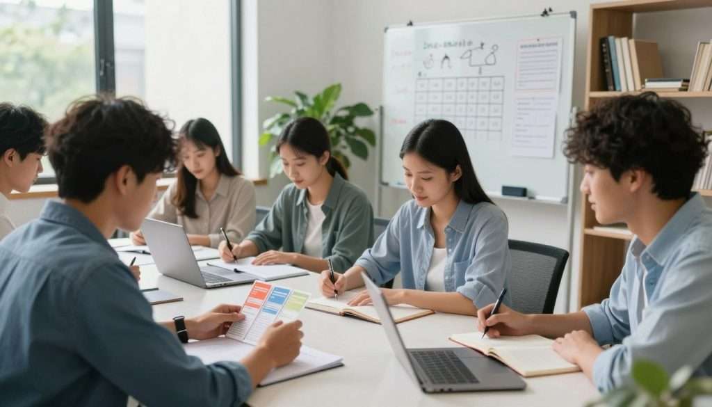 A serene study environment featuring a diverse group of students in professional casual attire, engaged in spaced repetition techniques. In the foreground, a student uses colorful flashcards, surrounded by notebooks and a laptop, illustrating active learning. The middle section shows a whiteboard filled with diagrams and a study schedule, highlighting key topics being reviewed. In the background, a large window allows natural light to flood the room, creating an inviting atmosphere. The overall color palette is calming with soft blues and greens, evoking focus and concentration. The scene conveys determination and collaboration among the students, set in a cozy, modern classroom with plants and bookshelves. The perspective is slightly angled, providing depth while maintaining clarity in the actions of the students.