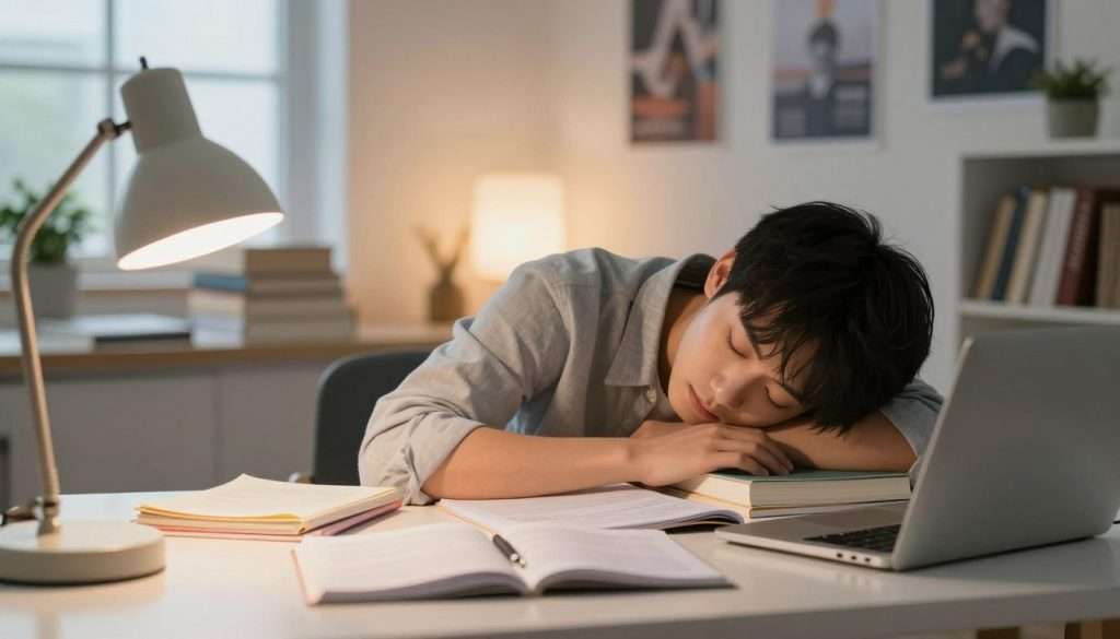 A serene study environment featuring a student taking a strategic nap at a desk, surrounded by study materials like books, notes, and a laptop. The student, a young adult in casual, comfortable clothing, rests peacefully with their head on a stack of books. In the foreground, a soft light from a nearby lamp casts a warm, inviting glow, highlighting the student's relaxed expression. In the middle, a well-organized desk reflects a productive atmosphere, while the background shows a cozy, well-lit room with motivational posters on the walls and a window letting in gentle daylight, creating a calm, focused ambiance. The mood is tranquil yet inspiring, emphasizing the importance of rest for effective studying.