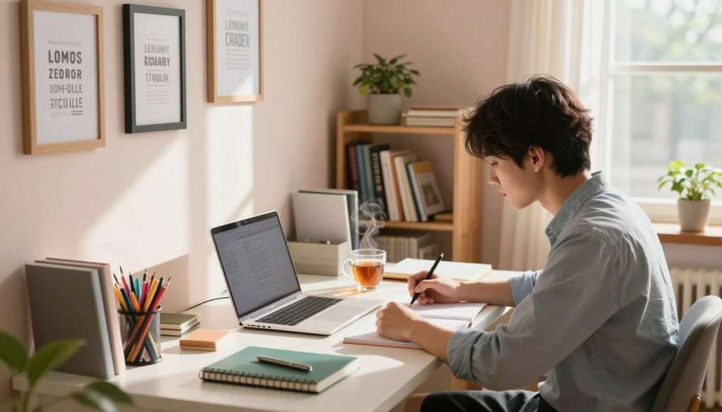 A serene study environment featuring a well-organized desk with a laptop, notebooks, and motivational quotes framed on the wall. In the foreground, a student dressed in smart casual attire is studying intently, surrounded by colorful stationery and a steaming cup of tea. The middle layer includes a bookshelf filled with educational materials, plants adding a touch of greenery, and a cozy window allowing natural light to flood in, casting soft shadows across the workspace. In the background, a calming pastel wall gives a sense of tranquility, while gentle sunlight enhances the warm and inviting atmosphere. The angle focuses on creating an intimate, motivating space that inspires focus and productivity. A serene study environment featuring a well-organized desk with a laptop, notebooks, and motivational quotes framed on the wall. In the foreground, a student dressed in smart casual attire is studying intently, surrounded by colorful stationery and a steaming cup of tea. The middle layer includes a bookshelf filled with educational materials, plants adding a touch of greenery, and a cozy window allowing natural light to flood in, casting soft shadows across the workspace. In the background, a calming pastel wall gives a sense of tranquility, while gentle sunlight enhances the warm and inviting atmosphere. The angle focuses on creating an intimate, motivating space that inspires focus and productivity.