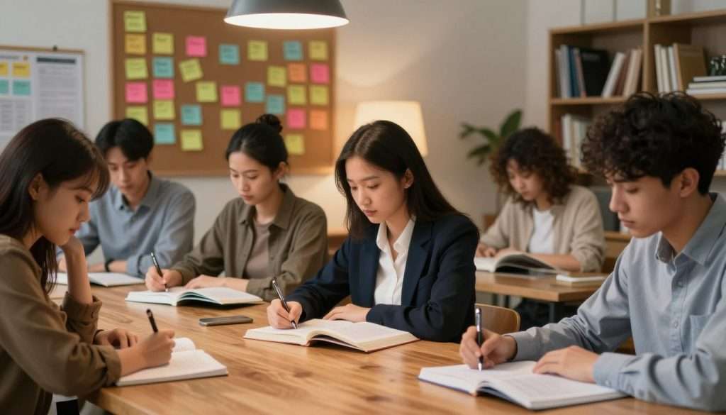 A serene study environment illustrating effective test-taking strategies. In the foreground, a diverse group of students sits at a large wooden table, focused yet relaxed, some with pens in hand, jotting notes on paper while others review textbooks. Each student is dressed in professional business attire and casual clothing, exuding motivation and calmness. In the middle, a soft glow from an overhead lamp casts warm light, creating an inviting atmosphere, while a bulletin board filled with colorful sticky notes outlining test strategies hangs on the wall behind them. The background features a bookshelf filled with academic resources, enhancing the sense of a productive study session. The image captures a mood of determination and focus while minimizing stress. Use a shallow depth of field to emphasize the students while softly blurring the background for a contemplative effect.