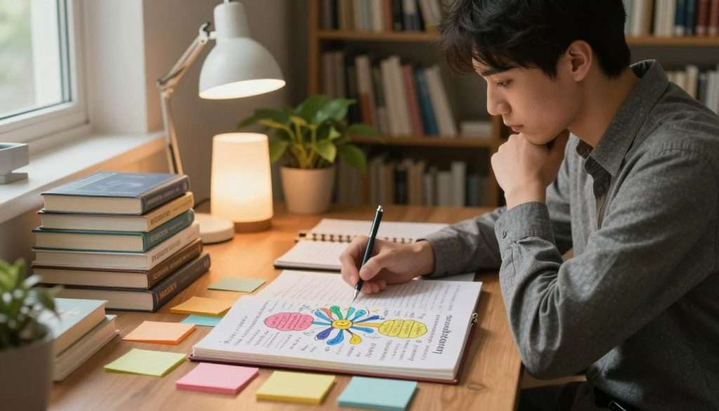 A serene study environment illustrating memory enhancement techniques. In the foreground, an open notebook filled with handwritten notes and colorful mind maps, surrounded by a set of colorful sticky notes. A focused young adult, dressed in smart casual attire, is thoughtfully studying these notes. The middle ground features a wooden desk with a neatly organized stack of books on memory techniques, alongside a soft-glowing desk lamp. The background shows a cozy library setting with shelves filled with books and plants, softly lit by warm, ambient light. The atmosphere is calm and focused, conveying a sense of exploration and concentration, with rays of light filtering through a nearby window, highlighting the importance of learning and memory retention.