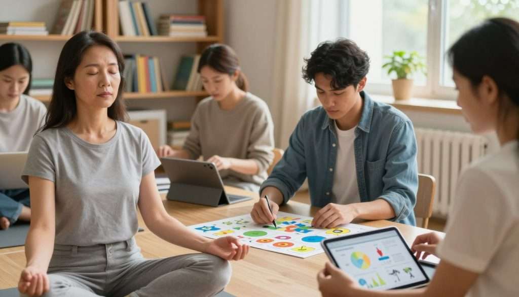 A serene study environment showcasing a diverse group of individuals, including a middle-aged woman and a young man, deeply engaged in various cognitive enhancement activities. In the foreground, the woman practices mindfulness, meditating with eyes closed and a peaceful expression. In the middle, the man is solving a complex puzzle on a digital tablet, with vibrant diagrams and charts surrounding him. The background features a cozy bookshelf filled with cognitive training books and a large window allowing warm, natural light to flood the room, creating a positive atmosphere. Soft, focused lighting highlights their concentration, while a hint of greenery adds life to the scene, evoking a mood of intellectual growth and tranquility.