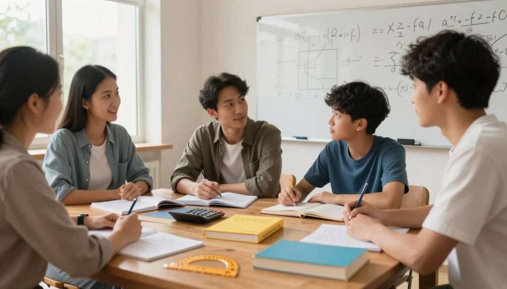A serene study environment showcasing a diverse group of individuals (two adults and a teenager) deeply engaged in collaborative math problem-solving. Foreground: a wooden table scattered with colorful math books, notebooks filled with handwritten notes, and tools like a calculator and a protractor. Middle: the three individuals, dressed in modest casual clothing, exchanging ideas, with expressions reflecting focus and curiosity. Background: a whiteboard filled with neatly drawn equations and diagrams, bathed in warm, natural light filtering through a large window. The atmosphere is nurturing and inspiring, emphasizing a growth mindset. The image is framed in a slight angle to capture the depth of the study area, creating an inviting and motivational scene for tackling math challenges. A serene study environment showcasing a diverse group of individuals (two adults and a teenager) deeply engaged in collaborative math problem-solving. Foreground: a wooden table scattered with colorful math books, notebooks filled with handwritten notes, and tools like a calculator and a protractor. Middle: the three individuals, dressed in modest casual clothing, exchanging ideas, with expressions reflecting focus and curiosity. Background: a whiteboard filled with neatly drawn equations and diagrams, bathed in warm, natural light filtering through a large window. The atmosphere is nurturing and inspiring, emphasizing a growth mindset. The image is framed in a slight angle to capture the depth of the study area, creating an inviting and motivational scene for tackling math challenges.