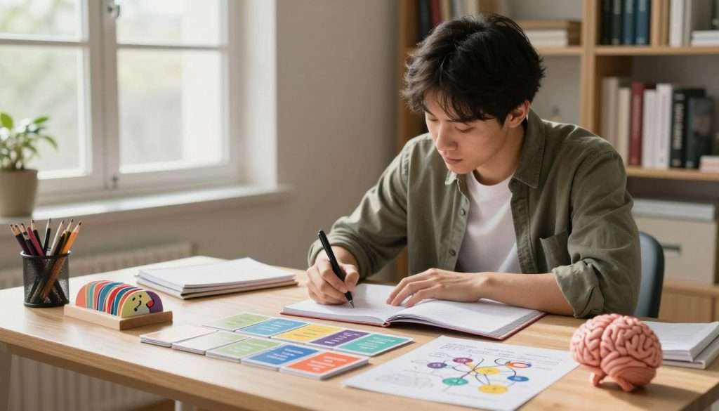 A serene study room setting focused on memory enhancement strategies. In the foreground, a well-organized desk features study materials like colorful flashcards, a neatly arranged set of mnemonic devices, and a brain-shaped stress ball. In the middle, a young adult in smart casual attire deeply engaged in writing notes, surrounded by mind maps and diagrams illustrating effective memory techniques. In the background, warm daylight filters through a large window, casting a soft glow over bookshelves filled with academic texts. The atmosphere conveys focus and motivation, emphasizing a productive study environment. Use a realistic lens effect to highlight the details on the desk, with a slight blur in the background to maintain visual interest without distraction. A serene study room setting focused on memory enhancement strategies. In the foreground, a well-organized desk features study materials like colorful flashcards, a neatly arranged set of mnemonic devices, and a brain-shaped stress ball. In the middle, a young adult in smart casual attire deeply engaged in writing notes, surrounded by mind maps and diagrams illustrating effective memory techniques. In the background, warm daylight filters through a large window, casting a soft glow over bookshelves filled with academic texts. The atmosphere conveys focus and motivation, emphasizing a productive study environment. Use a realistic lens effect to highlight the details on the desk, with a slight blur in the background to maintain visual interest without distraction.
