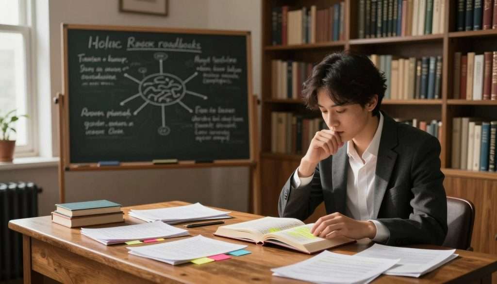 A serene study room with warm, inviting lighting. In the foreground, a person, dressed in smart casual attire, sits at a classic wooden desk, focused on reading a book with highlighted sections. They have a thoughtful expression, embodying critical thinking. Surrounding them are scattered notes and colorful sticky tabs, representing various reading comprehension techniques. In the middle ground, a chalkboard displays mind maps and writing strategies, illustrating common reading roadblocks being addressed. The background consists of bookshelves filled with various genres of books, creating a cozy yet intellectually stimulating atmosphere. Soft natural light filters through a nearby window, casting gentle shadows and enhancing the mood of concentration and learning. The overall atmosphere is one of engagement and discovery in the pursuit of analytical reading skills. A serene study room with warm, inviting lighting. In the foreground, a person, dressed in smart casual attire, sits at a classic wooden desk, focused on reading a book with highlighted sections. They have a thoughtful expression, embodying critical thinking. Surrounding them are scattered notes and colorful sticky tabs, representing various reading comprehension techniques. In the middle ground, a chalkboard displays mind maps and writing strategies, illustrating common reading roadblocks being addressed. The background consists of bookshelves filled with various genres of books, creating a cozy yet intellectually stimulating atmosphere. Soft natural light filters through a nearby window, casting gentle shadows and enhancing the mood of concentration and learning. The overall atmosphere is one of engagement and discovery in the pursuit of analytical reading skills.