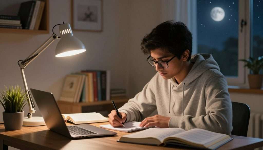 A serene study scene at night, featuring a cozy desk lit by a warm desk lamp. In the foreground, a focused student of South Asian descent, dressed in a comfortable hoodie and glasses, is writing notes on a notepad, surrounded by open textbooks and a laptop. In the middle ground, shelves filled with books and a small potted plant add vibrancy to the setting. The background reveals a window with a gentle view of a starry night sky, with subtle moonlight filtering in. The atmosphere is calm and tranquil, evoking a sense of concentration. Use soft lighting to create shadows and depth, emphasizing the peaceful ambiance of nighttime studying. A serene study scene at night, featuring a cozy desk lit by a warm desk lamp. In the foreground, a focused student of South Asian descent, dressed in a comfortable hoodie and glasses, is writing notes on a notepad, surrounded by open textbooks and a laptop. In the middle ground, shelves filled with books and a small potted plant add vibrancy to the setting. The background reveals a window with a gentle view of a starry night sky, with subtle moonlight filtering in. The atmosphere is calm and tranquil, evoking a sense of concentration. Use soft lighting to create shadows and depth, emphasizing the peaceful ambiance of nighttime studying.