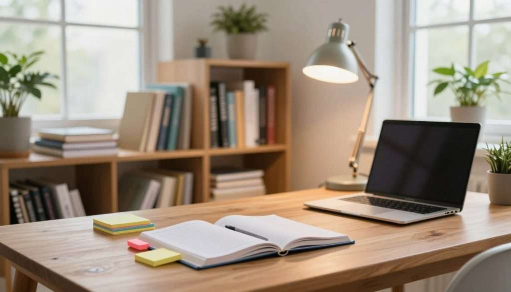 A serene study space emphasizing a consistent daily routine for productivity. Foreground: a close-up of an elegant wooden desk cluttered with essential study tools—an open planner, colorful sticky notes, and a sleek laptop. Middle: a well-organized bookshelf filled with notebooks and reference books, alongside a stylish desk lamp casting a warm glow. Background: a large window allowing natural light to flood the room, highlighting plants that bring a touch of nature inside. The atmosphere is calm and focused, evoking a sense of motivation and clarity. The lighting is soft yet bright, capturing a morning vibe. The angle is slightly elevated, providing an inviting view of the workspace, devoid of distractions or clutter.
