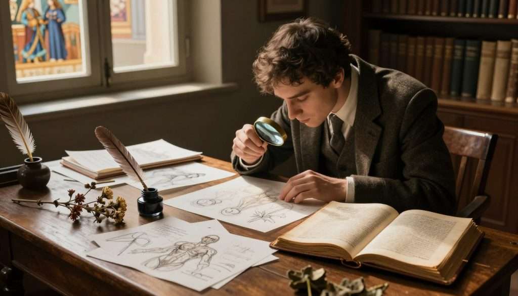 A serene study space inspired by Leonardo da Vinci's study habits. In the foreground, a wooden table cluttered with open sketches, anatomical drawings, and natural specimens like branches and flowers. A quill, ink pot, and an illuminated manuscript lie alongside a weathered leather-bound notebook filled with intricate notes. In the middle, a figure dressed in modest, professional attire, deeply focused, examining the specimens with a magnifying glass, embodying concentration and curiosity. The background features a richly detailed Renaissance-style window, allowing soft, golden sunlight to filter through, casting gentle shadows. The mood is contemplative and inspiring, reflecting a sense of wonder and dedication to learning, captured from a slightly elevated angle to emphasize the immersive environment.