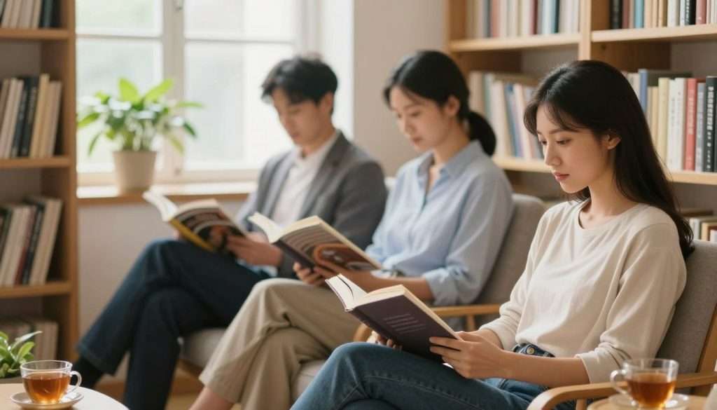 A serene, well-lit reading nook in a cozy home setting, showcasing a diverse group of individuals immersed in reading—two people of various ethnicities, sitting comfortably in plush chairs, surrounded by bookshelves filled with colorful books. In the foreground, a young woman in casual yet professional attire, deeply focused on a novel, with a warm cup of tea beside her. In the middle ground, a man in business casual reading a magazine, highlighting a sense of concentration. The background features soft, natural light filtering through a window adorned with green plants, casting gentle shadows. The overall mood is calm and inviting, emphasizing focus and the transformative power of reading habits. The scene is captured with a soft focus lens, creating a dreamy, immersive atmosphere.