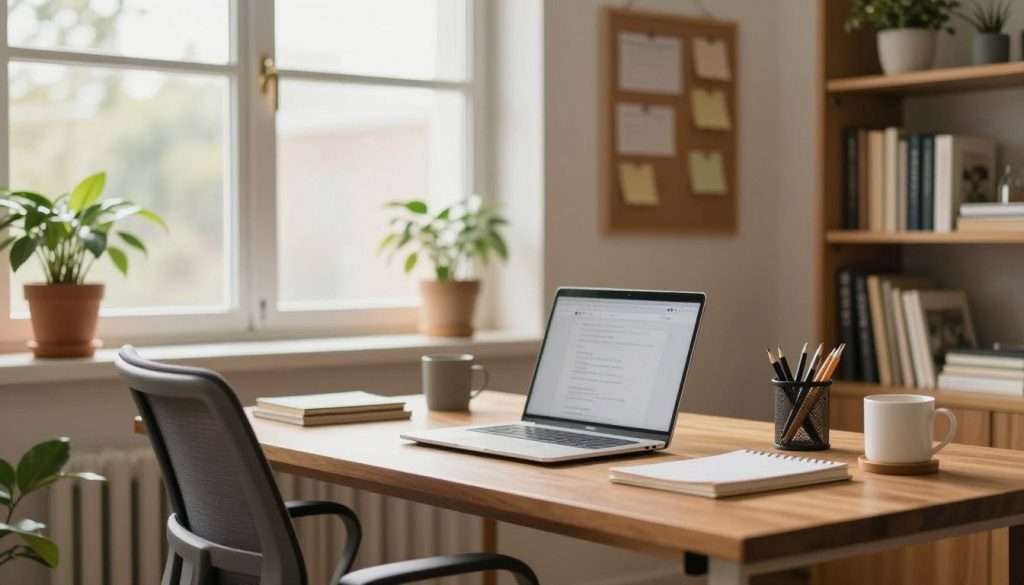 A serene, well-organized home office showcasing workspace optimization. In the foreground, a sleek wooden desk with a modern ergonomic chair, a laptop positioned at an optimal angle, and neatly arranged stationery. In the middle, a large window allowing soft, natural light to flood the space, paired with indoor plants on the windowsill contributing to a calming atmosphere. A corkboard on the wall displays neatly pinned notes, enhancing focus. In the background, a bookshelf filled with neatly arranged books and decorative items. The lighting is warm and inviting, creating a productive yet relaxing mood, captured with a slight soft-focus effect to emphasize tranquility. The image conveys a sense of clarity and order, ideal for fostering clear thinking.