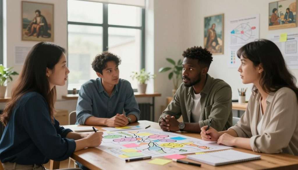 A serene workspace embodies visual thinking techniques, featuring a large wooden table scattered with vibrant mind maps, colorful sticky notes, and markers. In the foreground, a diverse group of three professionals, a woman of East Asian descent, a Black man, and a Hispanic woman, are engaged in deep discussion, dressed in smart business casual attire. In the middle ground, a large window lets in soft, natural light, illuminating their focused expressions. Behind them, a wall adorned with inspirational artwork and diagrams related to creative thinking adds depth to the scene. The atmosphere is collaborative and intellectually stimulating, enhanced by warm light creating a cozy yet dynamic mood, reminiscent of a Renaissance scholar’s study. A shallow depth of field subtly blurs the background, emphasizing the group’s engagement with their ideas.