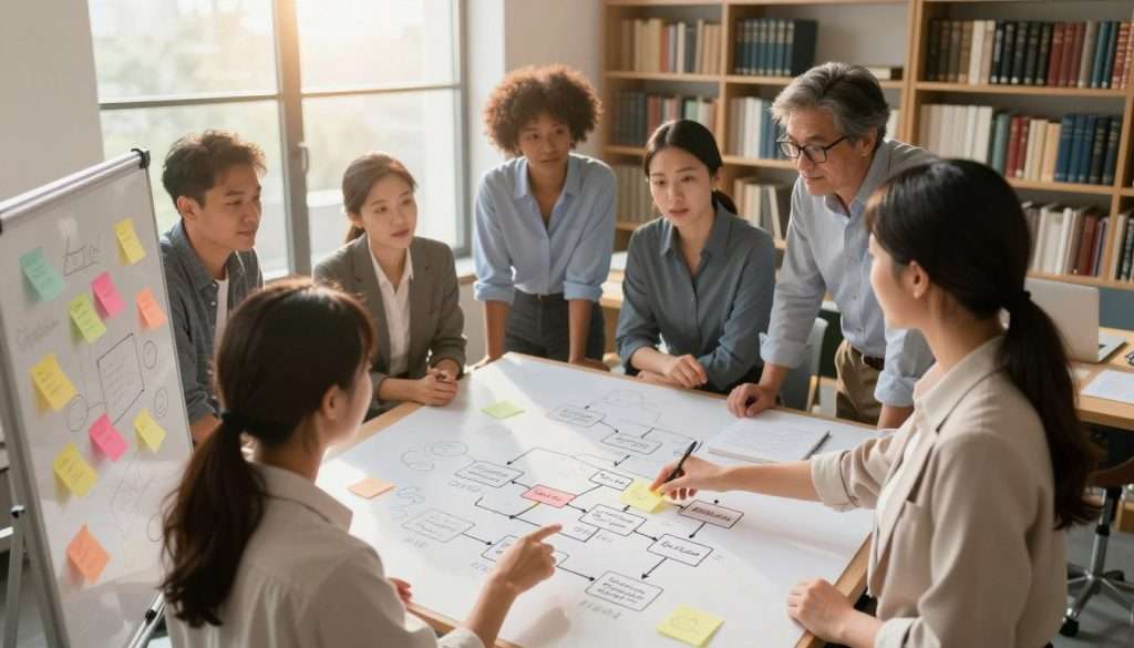 A serene workspace filled with light, featuring a middle-aged, diverse team of professionals in modest business attire, collaboratively brainstorming over a large whiteboard filled with simple diagrams and colorful post-it notes. In the foreground, a young woman points at a straightforward flowchart that breaks down a complex scientific theory into easy-to-understand steps. The middle ground shows a diverse group engaged in discussion, leaning in with curiosity and focus. The background reveals bookshelves filled with classic literature, and a large window allows warm sunlight to illuminate the scene, creating a hopeful and inspiring atmosphere. The composition should emphasize clarity and collaboration, utilizing soft lighting and a slightly elevated angle for a professional yet inviting look. A serene workspace filled with light, featuring a middle-aged, diverse team of professionals in modest business attire, collaboratively brainstorming over a large whiteboard filled with simple diagrams and colorful post-it notes. In the foreground, a young woman points at a straightforward flowchart that breaks down a complex scientific theory into easy-to-understand steps. The middle ground shows a diverse group engaged in discussion, leaning in with curiosity and focus. The background reveals bookshelves filled with classic literature, and a large window allows warm sunlight to illuminate the scene, creating a hopeful and inspiring atmosphere. The composition should emphasize clarity and collaboration, utilizing soft lighting and a slightly elevated angle for a professional yet inviting look.
