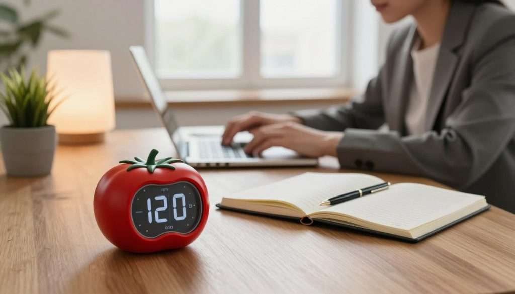 A serene workspace illustrating the Pomodoro Technique. In the foreground, a stylish wooden desk with a red tomato-shaped timer prominently displayed, ticking down the time. Beside it, an open notebook filled with clear, organized notes and a sleek pen resting on the page. In the middle ground, a focused individual in professional attire, deeply engaged in studying, surrounded by minimalistic decor—a few potted plants and a soft lamp casting warm light. The background features a large window with soft daylight streaming in, enhancing the productivity-focused atmosphere. The scene conveys a sense of calm focus and efficiency, ideal for deep work environments, emphasizing the balance between productivity and pause. A serene workspace illustrating the Pomodoro Technique. In the foreground, a stylish wooden desk with a red tomato-shaped timer prominently displayed, ticking down the time. Beside it, an open notebook filled with clear, organized notes and a sleek pen resting on the page. In the middle ground, a focused individual in professional attire, deeply engaged in studying, surrounded by minimalistic decor—a few potted plants and a soft lamp casting warm light. The background features a large window with soft daylight streaming in, enhancing the productivity-focused atmosphere. The scene conveys a sense of calm focus and efficiency, ideal for deep work environments, emphasizing the balance between productivity and pause.