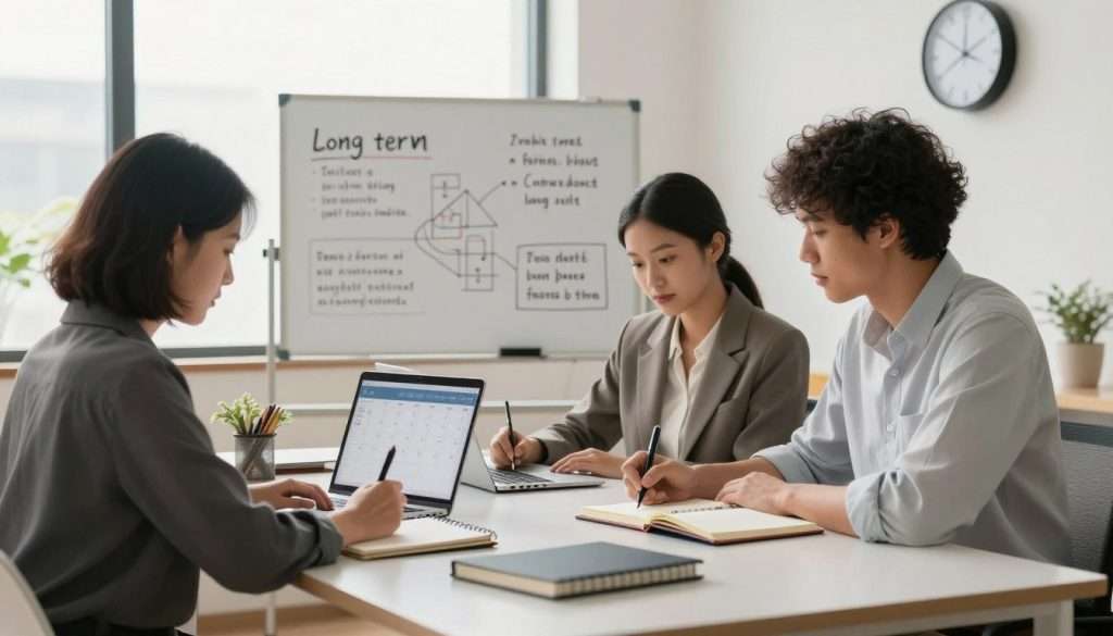 A serene workspace scene with a diverse group of three professionals seated around a sleek, modern table, deeply engaged in focus and productivity. In the foreground, a person in business attire jots down notes in a planner, surrounded by tools for time management, such as a digital calendar on a laptop and a classic wall clock ticking gently. The middle ground features a whiteboard filled with motivational quotes and diagrams that illustrate goal-setting and time management strategies. In the background, large windows allow soft, natural light to flood the room, creating a warm and inviting atmosphere. The setting is organized, conveying a sense of clarity and purpose, symbolizing the development of sustainable long-term focus habits. The overall mood is inspiring and collaborative, emphasizing efficiency and teamwork.
