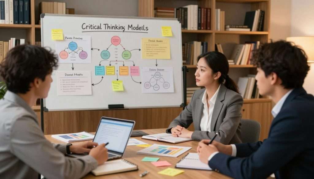 A serene workspace showcasing critical thinking techniques in action. In the foreground, a diverse group of three people (two males and one female) are engaged in a focused discussion, all dressed in professional business attire. They are surrounded by notebooks, charts, and colorful sticky notes representing various mental models, such as diagrams of the Pareto Principle and decision trees. In the middle section, a large whiteboard outlines key concepts and flowcharts, highlighting clarity and organization. The background features shelves lined with books on philosophy, logic, and cognitive science, with warm, inviting lighting casting a soft glow, creating an atmosphere of collaboration and intellectual engagement. The camera angle is slightly elevated, offering a clear view of the productive environment.