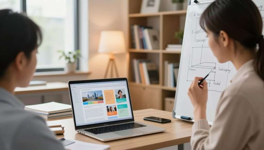 A sharply focused professional workspace scene depicting two individuals engaged in a collaborative learning session. In the foreground, a woman in professional attire thoughtfully annotates diagrams and visuals on a whiteboard, portraying the concept of dual coding in action. The middle ground features an open laptop displaying colorful infographics and images to enhance memory retention. In the background, soft, warm lighting create an inviting atmosphere, with bookshelves filled with educational materials and a large window letting in natural light. The composition invites focus on the idea of overcoming common challenges in dual coding, with a sense of motivation and teamwork in the air, captured from a slight angle to create depth. A sharply focused professional workspace scene depicting two individuals engaged in a collaborative learning session. In the foreground, a woman in professional attire thoughtfully annotates diagrams and visuals on a whiteboard, portraying the concept of dual coding in action. The middle ground features an open laptop displaying colorful infographics and images to enhance memory retention. In the background, soft, warm lighting create an inviting atmosphere, with bookshelves filled with educational materials and a large window letting in natural light. The composition invites focus on the idea of overcoming common challenges in dual coding, with a sense of motivation and teamwork in the air, captured from a slight angle to create depth.