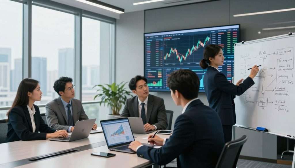 A sophisticated, modern office environment focusing on quantitative risk management strategies. In the foreground, a diverse group of three business professionals, dressed in smart attire, engaging around a sleek conference table. One individual is analyzing graphs displayed on a laptop while another is jotting down notes on a digital tablet, and the third is depicting risk models on a whiteboard, showing clear data visualizations and equations. In the middle ground, large floor-to-ceiling windows offer a panoramic city view, casting soft natural light across the room. The background features high-tech screens displaying dynamic financial market data and analytics, creating an atmosphere of focus and innovation. The overall mood is one of collaboration and strategic thinking, highlighting the seriousness of risk management in finance.
