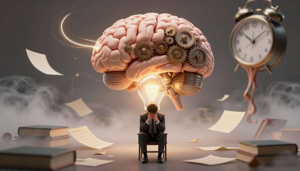 A surreal visualization of memory retention, featuring a human brain at the center, intricately designed with gears and light streams representing thoughts. In the foreground, a person in business attire sits pensively under a glowing light bulb, the bulb representing ideas. In the middle ground, scattered notes and books are half-buried in a soft, dreamlike mist swirling around, symbolizing forgotten information. In the background, an abstract representation of a clock is melting, signifying the passage of time and the permanence of certain memories. The lighting is soft and warm, with a focus on the brain and the character. The atmosphere is contemplative, tinged with a hint of wonder, inviting viewers to explore the mysteries of memory retention and cognitive strategies.