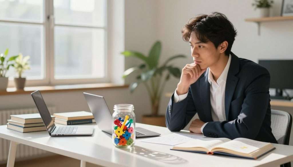 A thoughtful person sitting at a modern desk, surrounded by an array of books, notes, and a laptop, all suggesting deep intellectual engagement. The foreground features a diverse individual, dressed in professional business attire, deeply focused, with a thoughtful expression, resting their chin on one hand. In the middle, a clear glass jar filled with colorful problem-solving tools and brainstorming diagrams, symbolizing critical thinking skills. The background showcases a bright, airy office space with sunlight streaming through large windows, creating a warm and inviting atmosphere. Soft shadows cast by indoor plants add depth. The overall mood conveys curiosity, focus, and inspiration, encouraging viewers to strengthen their critical thinking skills in everyday life.