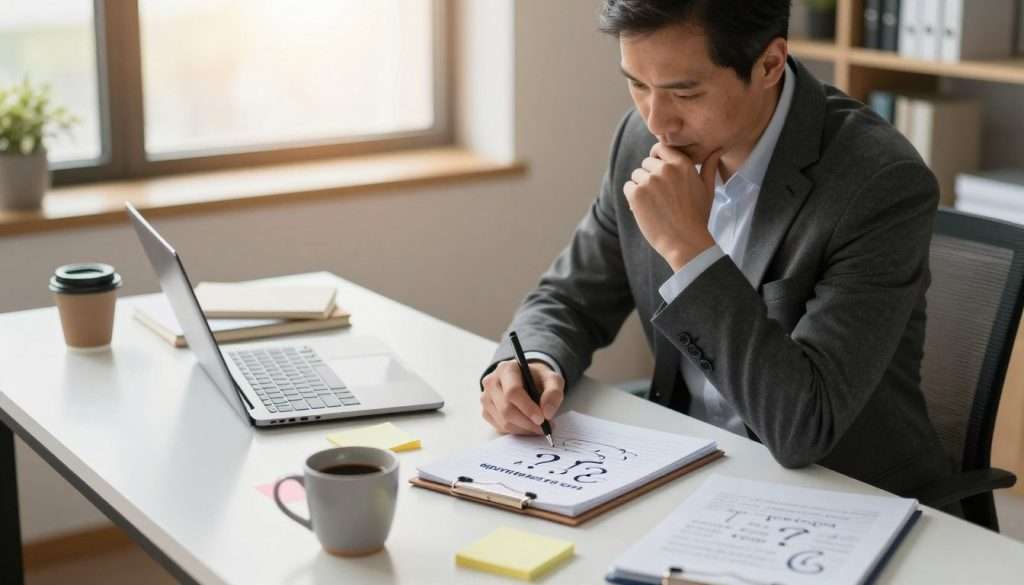 A thoughtful professional seated at a modern desk in a well-lit office environment, pondering over a notepad filled with meaningful questions. The foreground features the individual, a middle-aged person dressed in smart business attire, deep in contemplation, with one hand resting on their chin. In the middle, the desk is cluttered with various tools like a laptop, colorful sticky notes, and a cup of coffee, suggesting a busy yet organized workspace. The background displays a large window letting in warm, natural light, illuminating shelves filled with books on communication and problem-solving. The overall mood conveys focus, curiosity, and a proactive approach to learning through quality questions. The image has a professional and inviting ambiance, shot from a slightly elevated angle to provide a comprehensive view of the scene. A thoughtful professional seated at a modern desk in a well-lit office environment, pondering over a notepad filled with meaningful questions. The foreground features the individual, a middle-aged person dressed in smart business attire, deep in contemplation, with one hand resting on their chin. In the middle, the desk is cluttered with various tools like a laptop, colorful sticky notes, and a cup of coffee, suggesting a busy yet organized workspace. The background displays a large window letting in warm, natural light, illuminating shelves filled with books on communication and problem-solving. The overall mood conveys focus, curiosity, and a proactive approach to learning through quality questions. The image has a professional and inviting ambiance, shot from a slightly elevated angle to provide a comprehensive view of the scene.