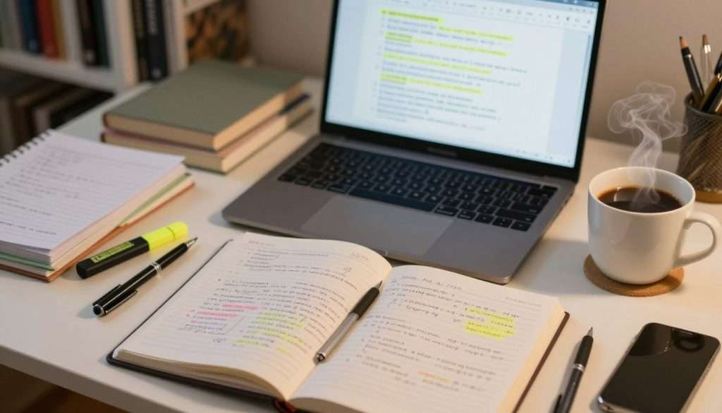 A top-down view of a cluttered desk filled with various note-taking materials. In the foreground, there's an open notebook with messy, disorganized notes scattered across its pages, alongside highlighters and ink pens. In the middle, a laptop displays a document with ineffective note formats, symbolizing common mistakes, while a steaming cup of coffee sits nearby, hinting at distraction. In the background, a soft-focus bookshelf can be seen, filled with textbooks and manuals about effective learning strategies. The lighting is warm and inviting, creating a focused yet chaotic atmosphere, hinting at the struggle of mastering note-taking techniques. The lens captures the scene from above, emphasizing the disorder and the need for effective organization. A top-down view of a cluttered desk filled with various note-taking materials. In the foreground, there's an open notebook with messy, disorganized notes scattered across its pages, alongside highlighters and ink pens. In the middle, a laptop displays a document with ineffective note formats, symbolizing common mistakes, while a steaming cup of coffee sits nearby, hinting at distraction. In the background, a soft-focus bookshelf can be seen, filled with textbooks and manuals about effective learning strategies. The lighting is warm and inviting, creating a focused yet chaotic atmosphere, hinting at the struggle of mastering note-taking techniques. The lens captures the scene from above, emphasizing the disorder and the need for effective organization.