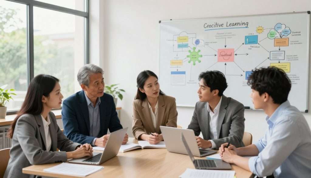 A vibrant and dynamic classroom setting showcasing the concept of cognitive engagement. In the foreground, a diverse group of four adults, dressed in professional business attire, are engaged in a thoughtful discussion, leaning over a table filled with books, laptops, and notes. In the middle ground, a large whiteboard displays diagrams and mind maps representing active learning techniques, while a bright light floods the room, creating a warm, inviting atmosphere. The background features large windows with greenery outside, symbolizing growth and inspiration. The overall mood is energetic and collaborative, emphasizing the difference between passive and active learning, highlighting essential engagement in the learning process. The composition should be shot from a slightly elevated angle to capture both the participants and the engaging environment around them.