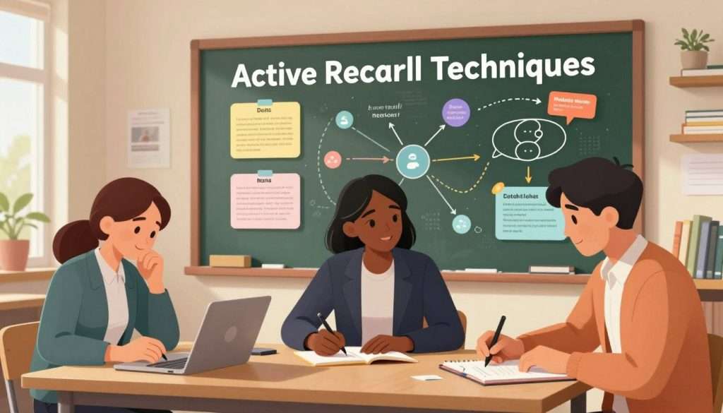 A vibrant and engaging illustration depicting "Active Recall Techniques" in a study environment. In the foreground, a diverse group of three individuals—two men and one woman—are intensely focused on writing notes and engaging in discussion, dressed in professional attire. The middle ground features a large chalkboard filled with colorful diagrams outlining various recall methods, such as flashcards and mind maps. The background showcases a cozy, well-lit study room with bookshelves filled with educational materials and a window allowing soft, natural light to flood in, creating a warm and inviting atmosphere. The scene conveys a sense of motivation and productivity, emphasizing collaboration and active learning. The overall mood is dynamic and inspiring, demonstrating effective techniques to enhance memory retention. A vibrant and engaging illustration depicting "Active Recall Techniques" in a study environment. In the foreground, a diverse group of three individuals—two men and one woman—are intensely focused on writing notes and engaging in discussion, dressed in professional attire. The middle ground features a large chalkboard filled with colorful diagrams outlining various recall methods, such as flashcards and mind maps. The background showcases a cozy, well-lit study room with bookshelves filled with educational materials and a window allowing soft, natural light to flood in, creating a warm and inviting atmosphere. The scene conveys a sense of motivation and productivity, emphasizing collaboration and active learning. The overall mood is dynamic and inspiring, demonstrating effective techniques to enhance memory retention.