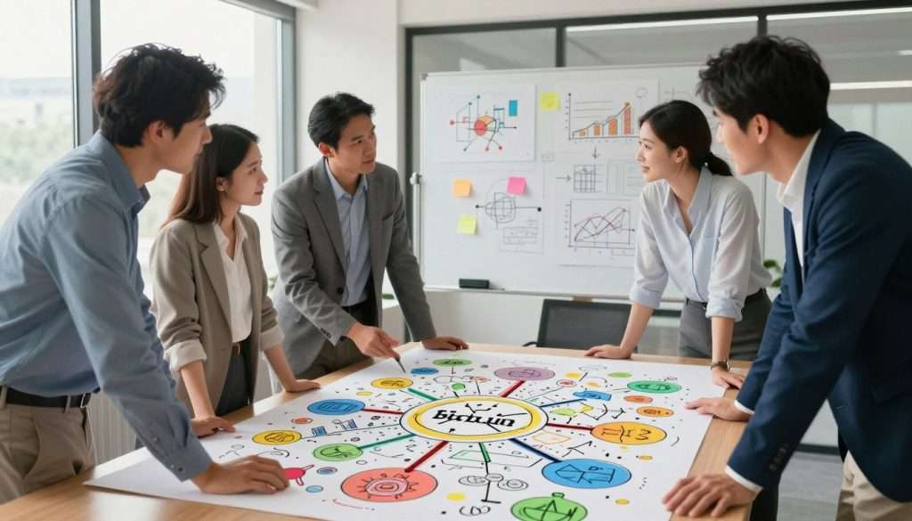 A vibrant and engaging image depicting visual learning strategies. In the foreground, a diverse group of four individuals—two men and two women, dressed in professional business attire—are collaborating around a large, colorful mind map filled with icons representing various learning techniques, such as diagrams, charts, and illustrations. In the middle ground, a large whiteboard is visible, covered in drawings and sticky notes, showcasing brainstorming ideas. The background features a modern office space with large windows letting in soft, natural light to create a bright and inviting atmosphere. The overall mood is energetic and focused, emphasizing teamwork and creativity in learning. Use a wide-angle lens to capture the dynamic interaction among the participants and enhance the depth of the scene.