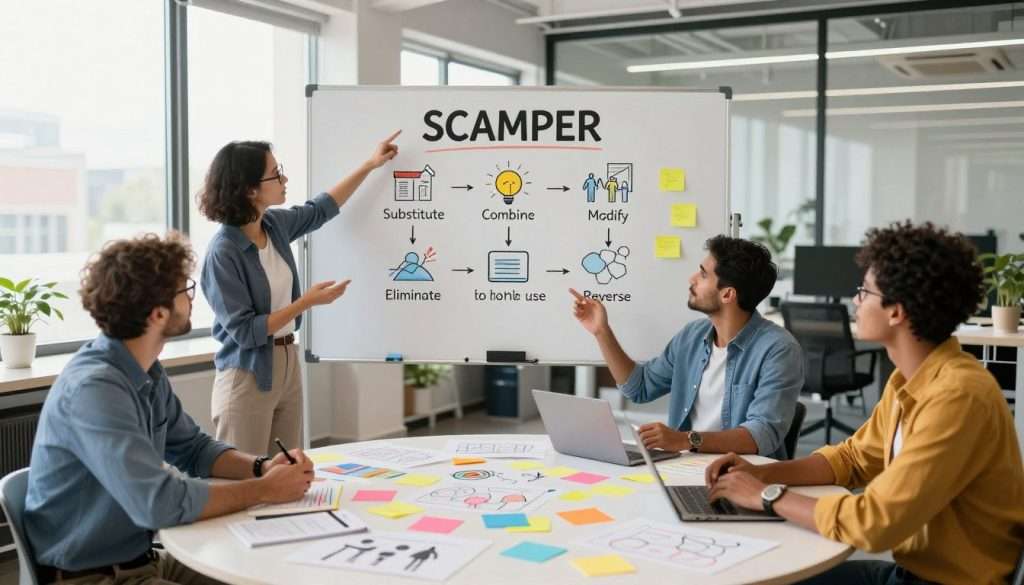 A vibrant and engaging workspace filled with creative thinking techniques inspired by the SCAMPER method. In the foreground, a diverse group of three professionals, dressed in smart casual attire, is engaged in brainstorming around a circular table covered with colorful sticky notes, sketches, and diagrams. The middle layer features a large whiteboard displaying the SCAMPER acronym with visually appealing icons illustrating each step: Substitute, Combine, Adapt, Modify, Put to another use, Eliminate, and Reverse. In the background, a bright and inviting office environment with large windows, allowing natural light to flood the space, enhancing the atmosphere of innovation and collaboration. The overall mood is energetic and inspiring, emphasizing creativity and teamwork. The angle captures the dynamic interaction among the individuals, conveying a sense of motion and excitement.