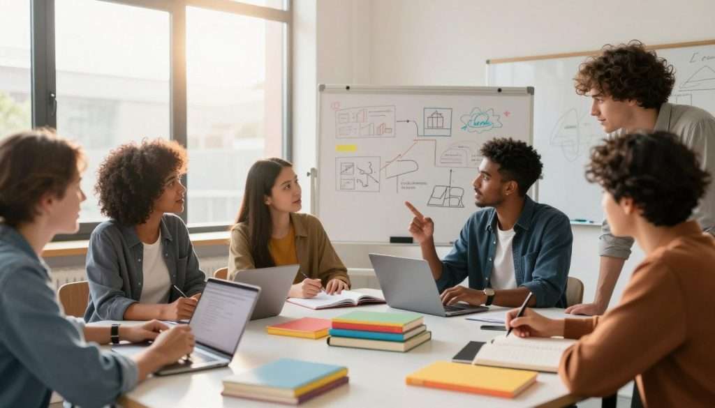 A vibrant and inviting learning environment, showcasing a diverse group of individuals, including a woman with curly hair wearing a professional outfit and a man in smart-casual attire, engaged in an interactive workshop. In the foreground, they are gathered around a large table, filled with colorful books, notepads, and digital devices, their expressions reflecting curiosity and enthusiasm. In the middle, a whiteboard displays brainstorming ideas and sketches, illuminating a collaborative spirit. The background features large windows allowing warm sunlight to stream in, creating a bright and uplifting atmosphere. The overall mood is inspirational, emphasizing the theme of curiosity over performance, with soft lighting enhancing the sense of growth and exploration, shot at a wide angle to capture the dynamic interaction.