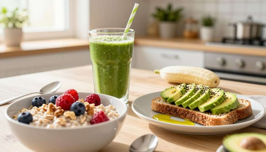 A vibrant breakfast table filled with brain-boosting foods. In the foreground, a bowl of oatmeal topped with fresh berries and a sprinkle of nuts. Beside it, a plate with sliced avocado on whole-grain toast, drizzled with olive oil and sprinkled with sesame seeds. In the middle, a smoothie in a clear glass, blending bright green spinach and banana, with a hint of almond milk, exuding freshness. The background features a gently lit kitchen with hanging plants and soft morning sunlight streaming through a window, creating a warm and inviting atmosphere. Use a slightly elevated angle to capture the spread, ensuring the textures and colors pop. The mood should be energizing and wholesome, emphasizing the importance of nourishing food for a productive mind.