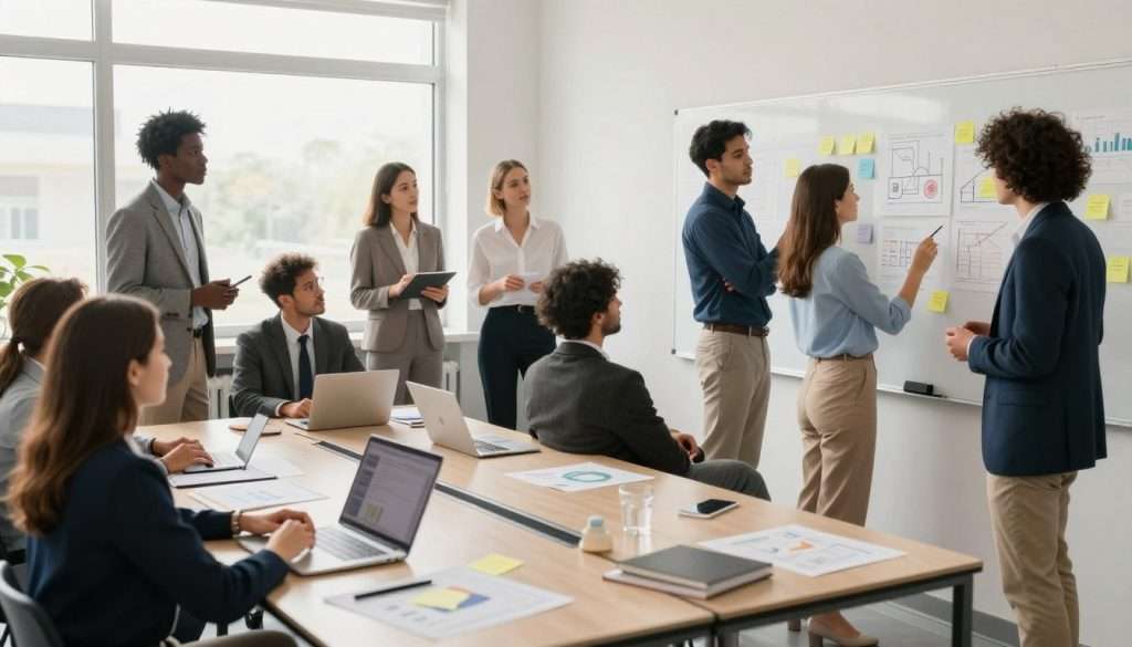 A vibrant classroom scene illustrating active learning techniques. In the foreground, a diverse group of professionals in business attire are engaged in dynamic discussions and collaborative activities, such as brainstorming on a whiteboard and working together on a project. In the middle, interactive learning materials like charts, sticky notes, and digital devices scattered on tables enhance the learning environment. The background features a bright, airy classroom with windows allowing natural light to flood in, creating an inviting atmosphere. Use soft shadows and warm lighting to evoke a sense of collaboration and engagement. The image should convey a lively and productive mood, emphasizing the contrast between passive and active learning methods. A vibrant classroom scene illustrating active learning techniques. In the foreground, a diverse group of professionals in business attire are engaged in dynamic discussions and collaborative activities, such as brainstorming on a whiteboard and working together on a project. In the middle, interactive learning materials like charts, sticky notes, and digital devices scattered on tables enhance the learning environment. The background features a bright, airy classroom with windows allowing natural light to flood in, creating an inviting atmosphere. Use soft shadows and warm lighting to evoke a sense of collaboration and engagement. The image should convey a lively and productive mood, emphasizing the contrast between passive and active learning methods.